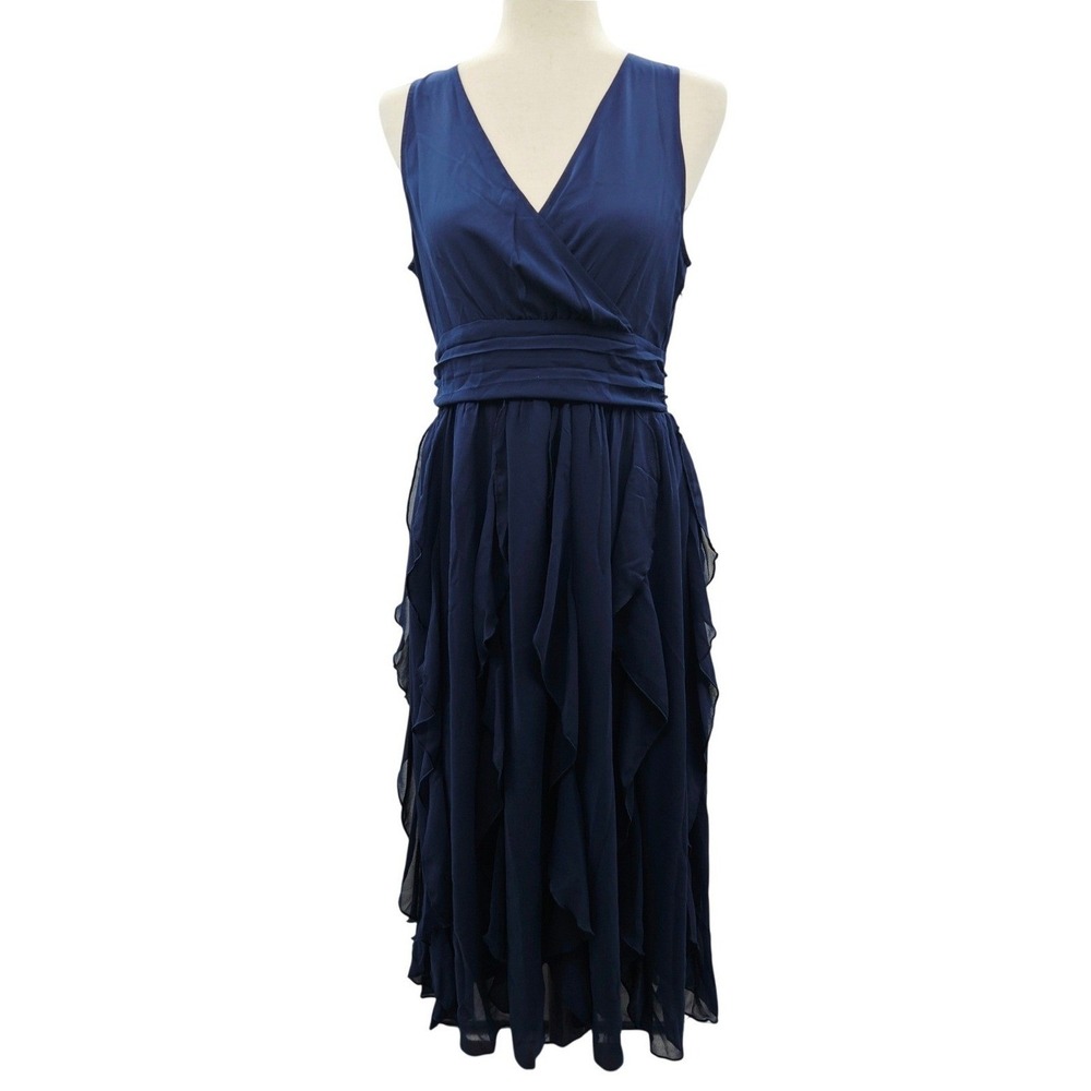 Made With Love Navy Blue Ruffle Surplice V-Neck Midi Dress Women Size Medium NEW